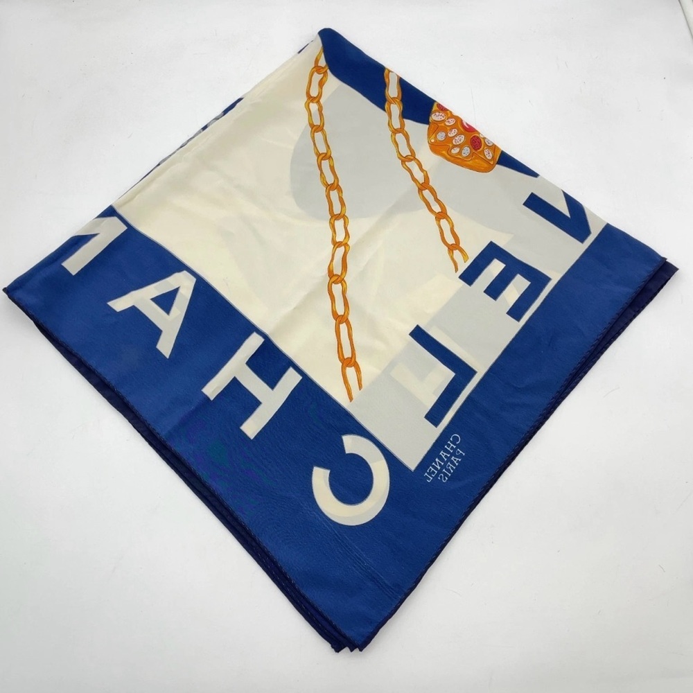 Chanel Navy White Mademoiselle Gripoix Silk Scarf - Picture 8 of 16